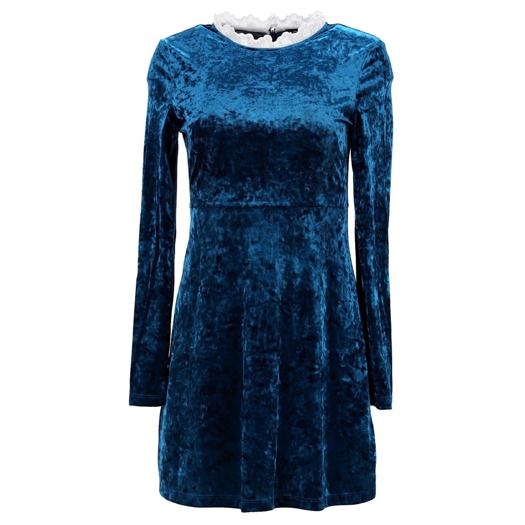 New Maje Randy Blue Crushed Velvet Collared Long Sleeve Mini Dress 36